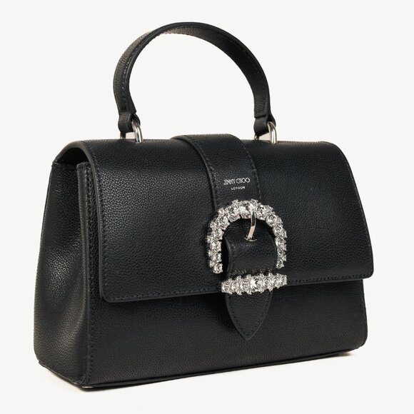 Jimmy Choo Cheri Black Soft Grainy Leather Crystal-Buckle Top Handle Bag - Picture 2 of 14